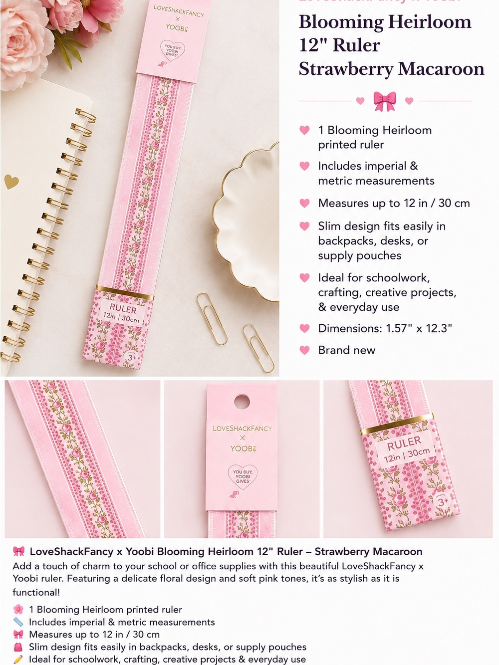LoveShackFancy x Target Yoobi 12” Floral Ruler Strawberry Macaroon Pink